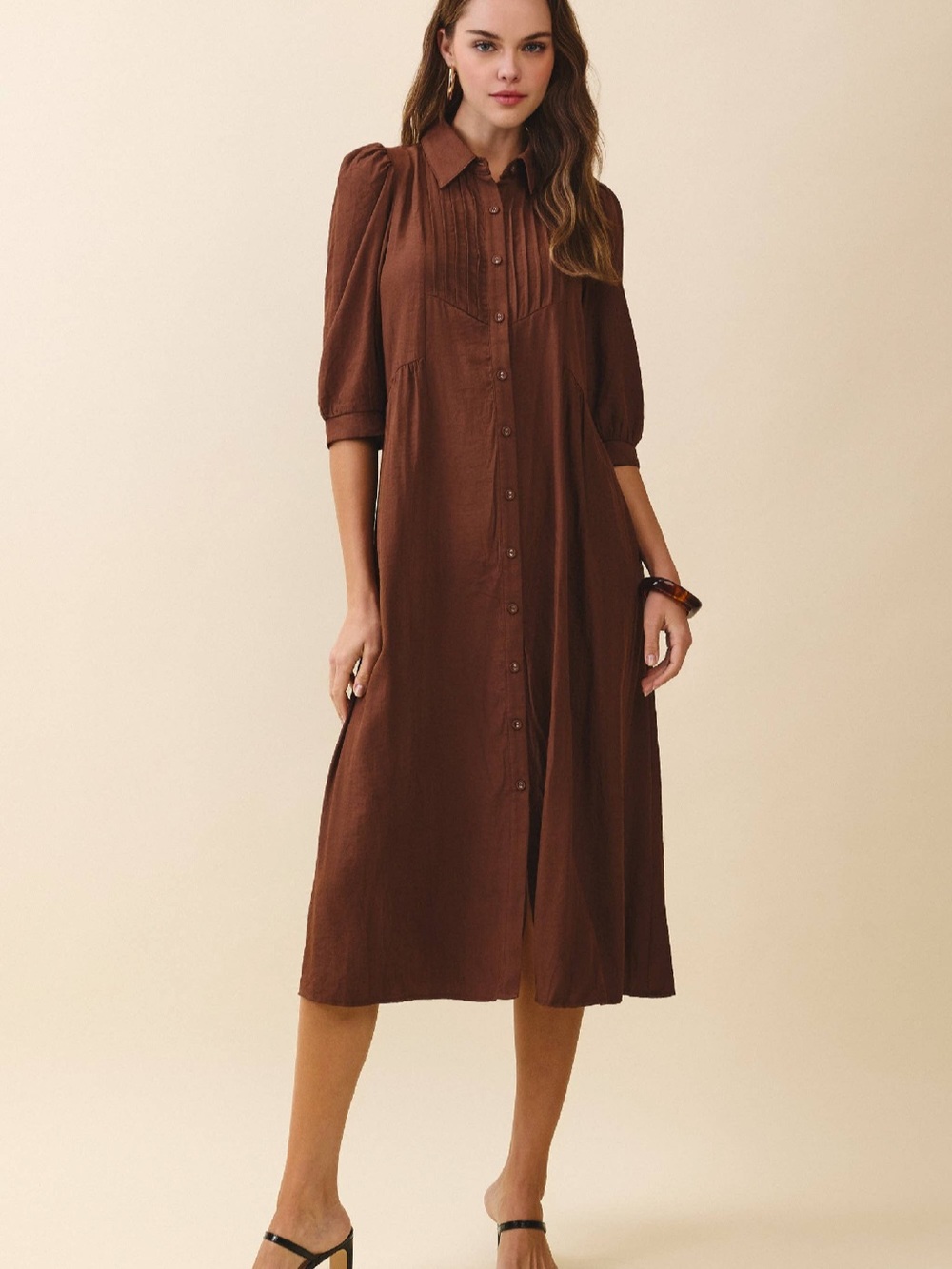 The Autumn Edit Brown Pintuck Midi Dress